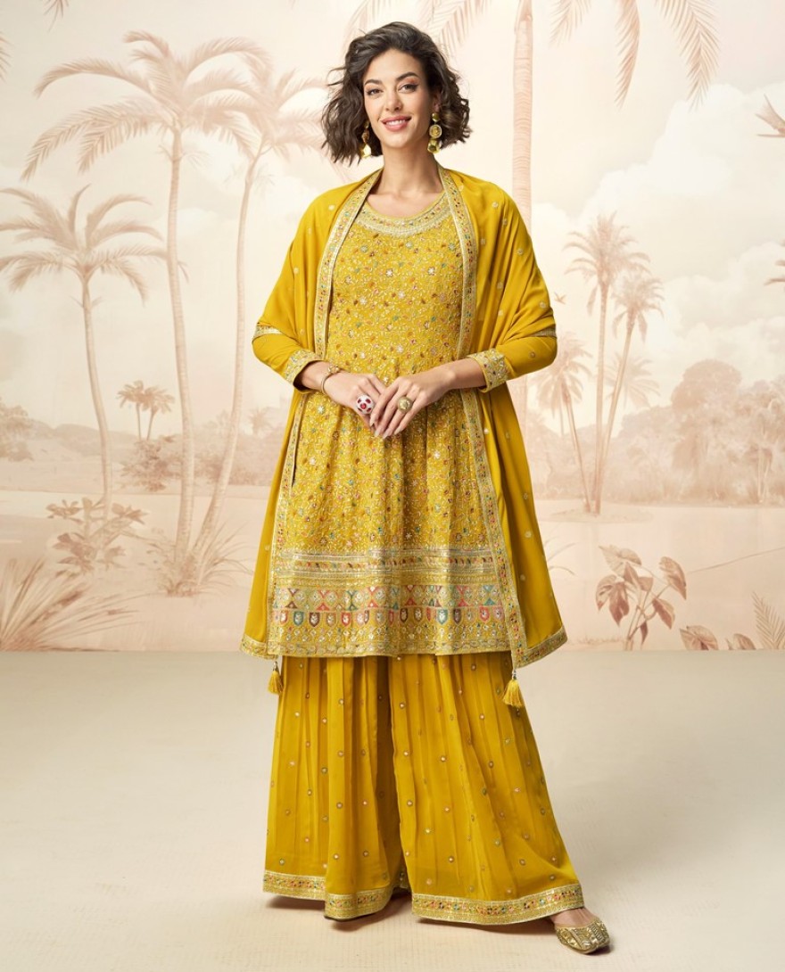 10244-MUSTARD - Embroidered Georgette Pakistani Suit in Mustard